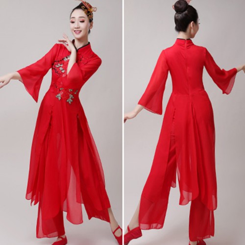 Women's Chinese folk dance costumes  red colored yangko ancient traditional classical hanfu fan umbrella dance dress costumes 